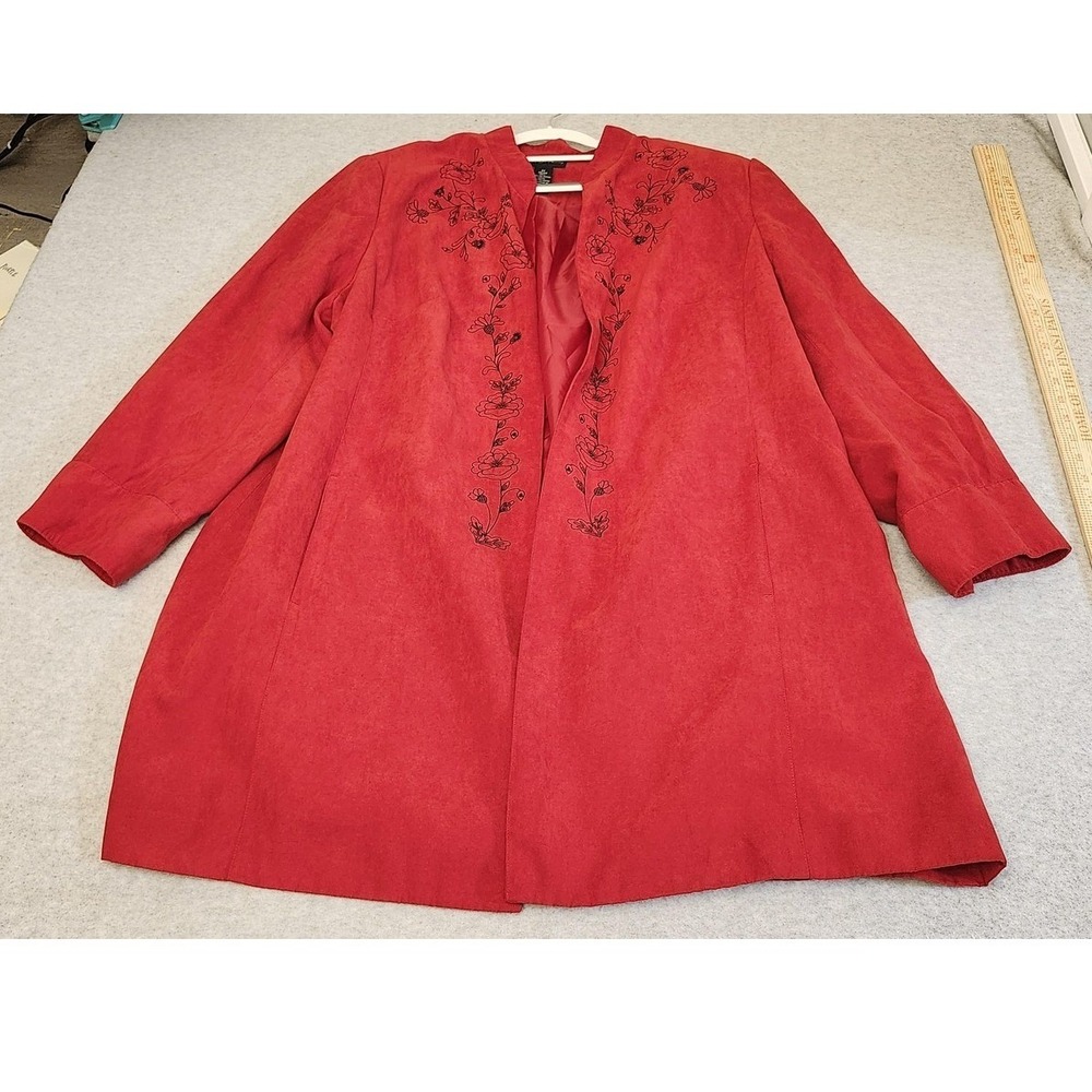 Maggie Barnes Coat Womens 2X Red Faux Suede Embroidered Open Front Lined Duster